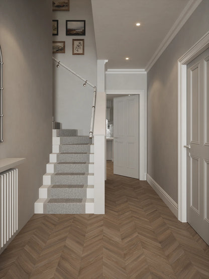 Montford Soft White Marble Single Winder Handrail with Harbury Brushed Silver brackets