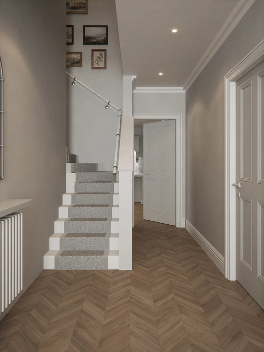 Montford Soft White Marble Single Winder Handrail with Harbury Brushed Silver brackets