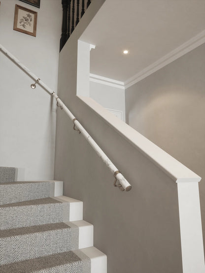 Montford Soft White Marble Single Winder Handrail with Harbury Brushed Silver brackets