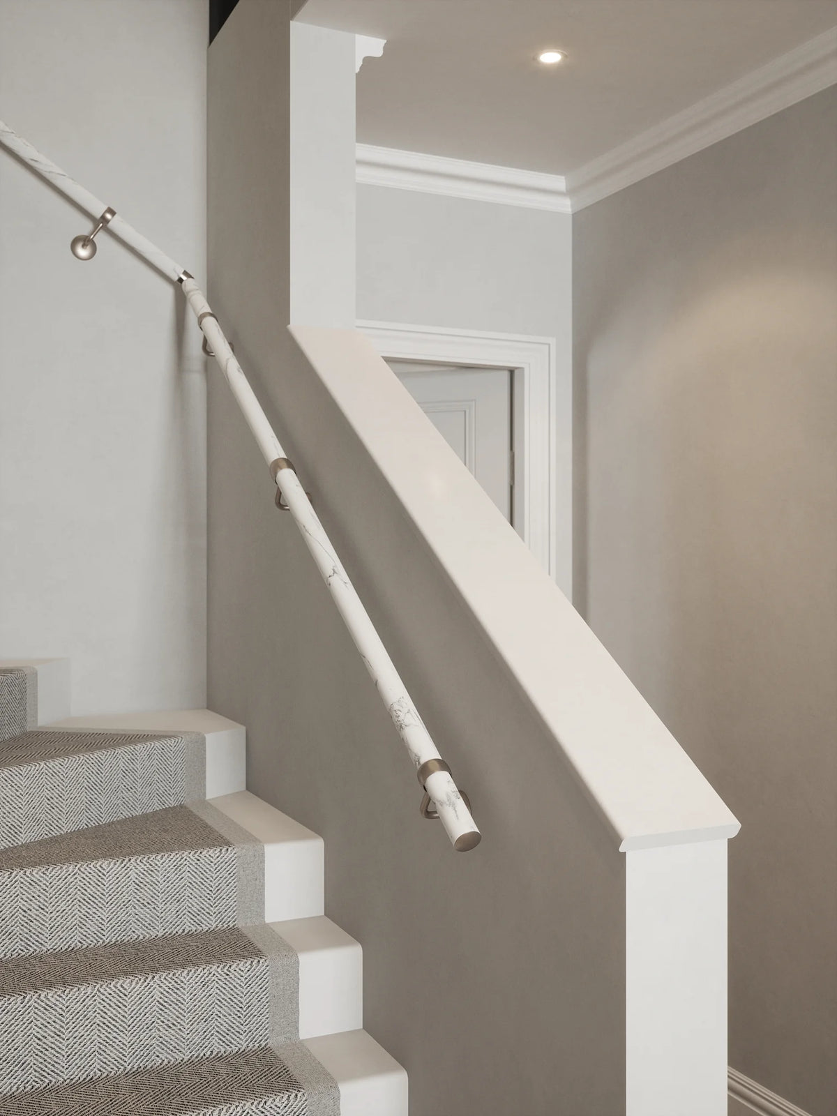 Montford Soft White Marble Single Winder Handrail with Harbury Brushed Silver brackets