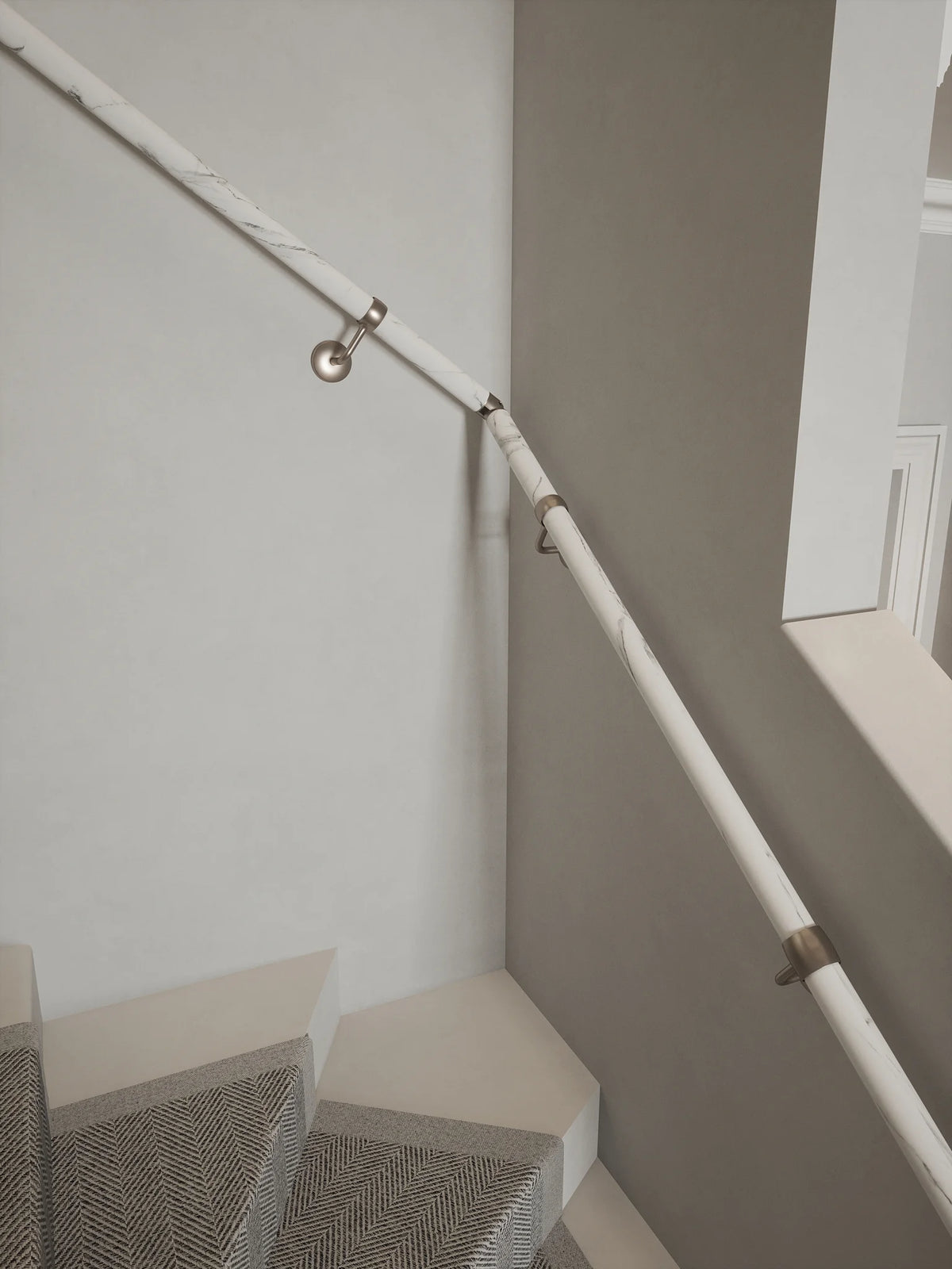 Montford Soft White Marble Single Winder Handrail with Harbury Brushed Silver brackets