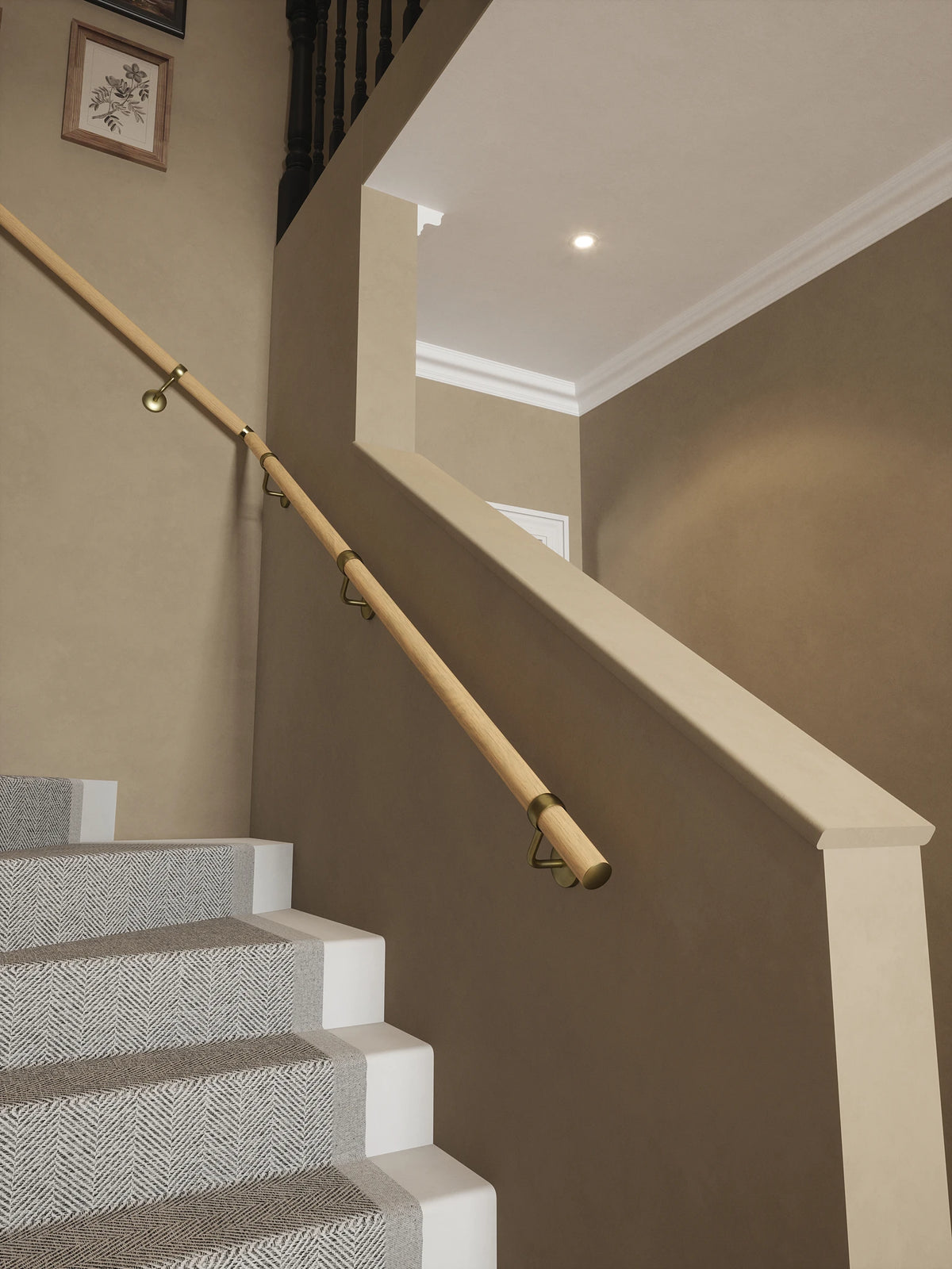 Arden Natural Pine Single Winder Handrail with Ashorne Satin Brass brackets