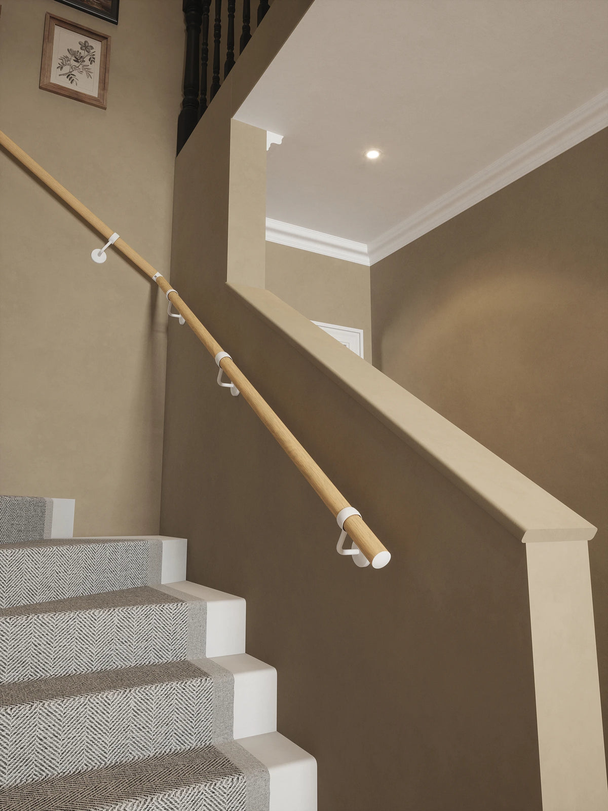 Arden Natural Pine Single Winder Handrail with Edstone Matt White brackets