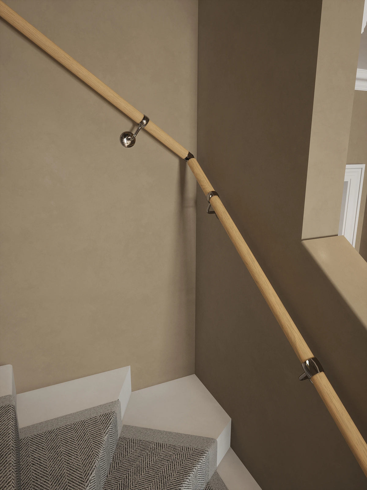 Arden Natural Pine Single Winder Handrail with Radway Chrome brackets