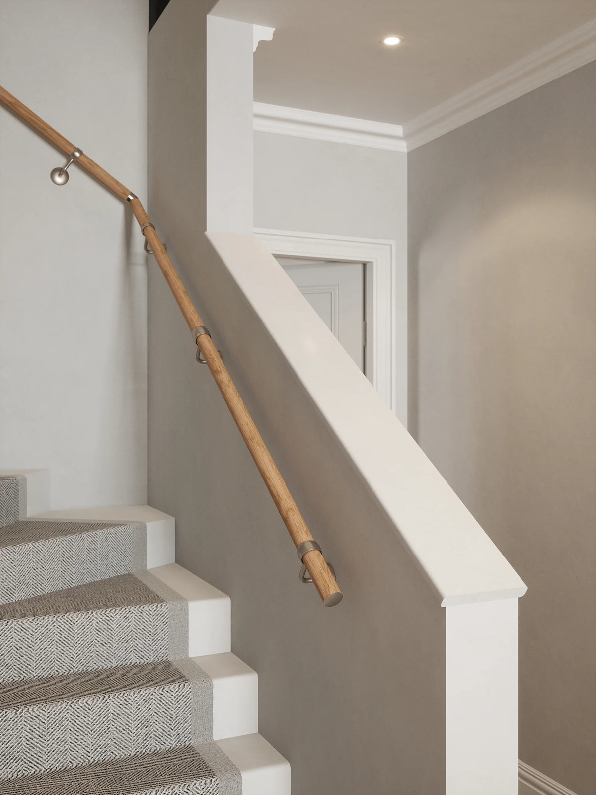 Stoneleigh Red Oak Single Winder Handrail with Harbury Brushed Silver brackets