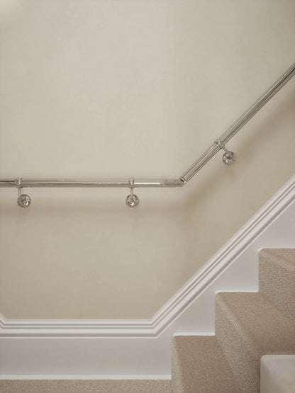 close up of the Radway Chrome T-shape handrail system showing brackets and elbow.