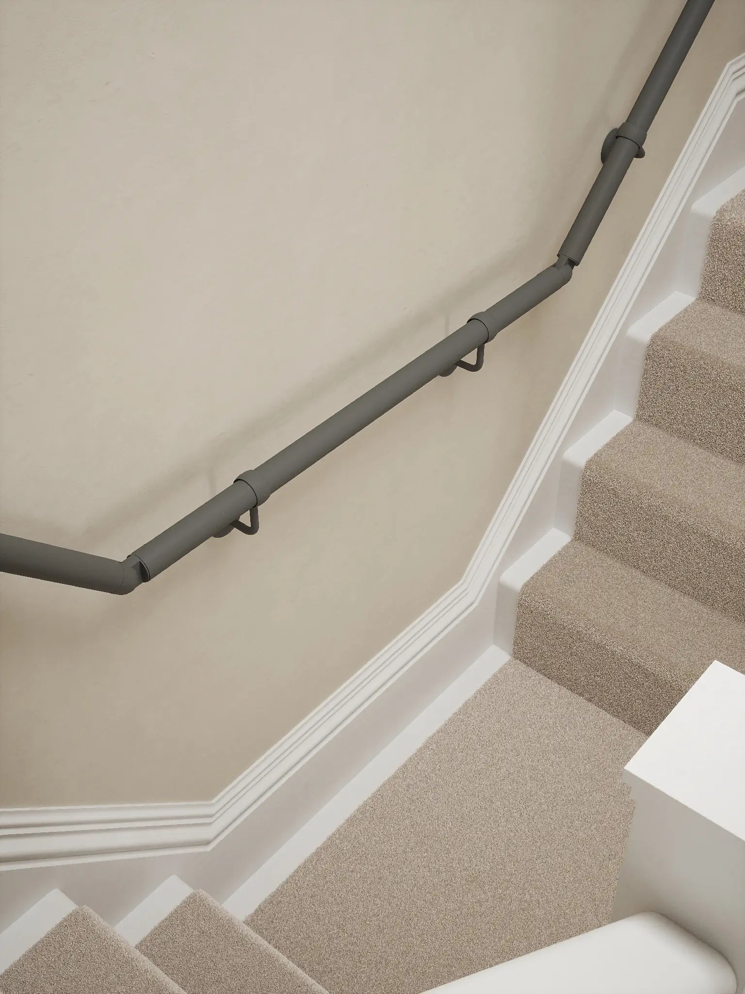 Luddington textured grey t shape handrail showing both elbows