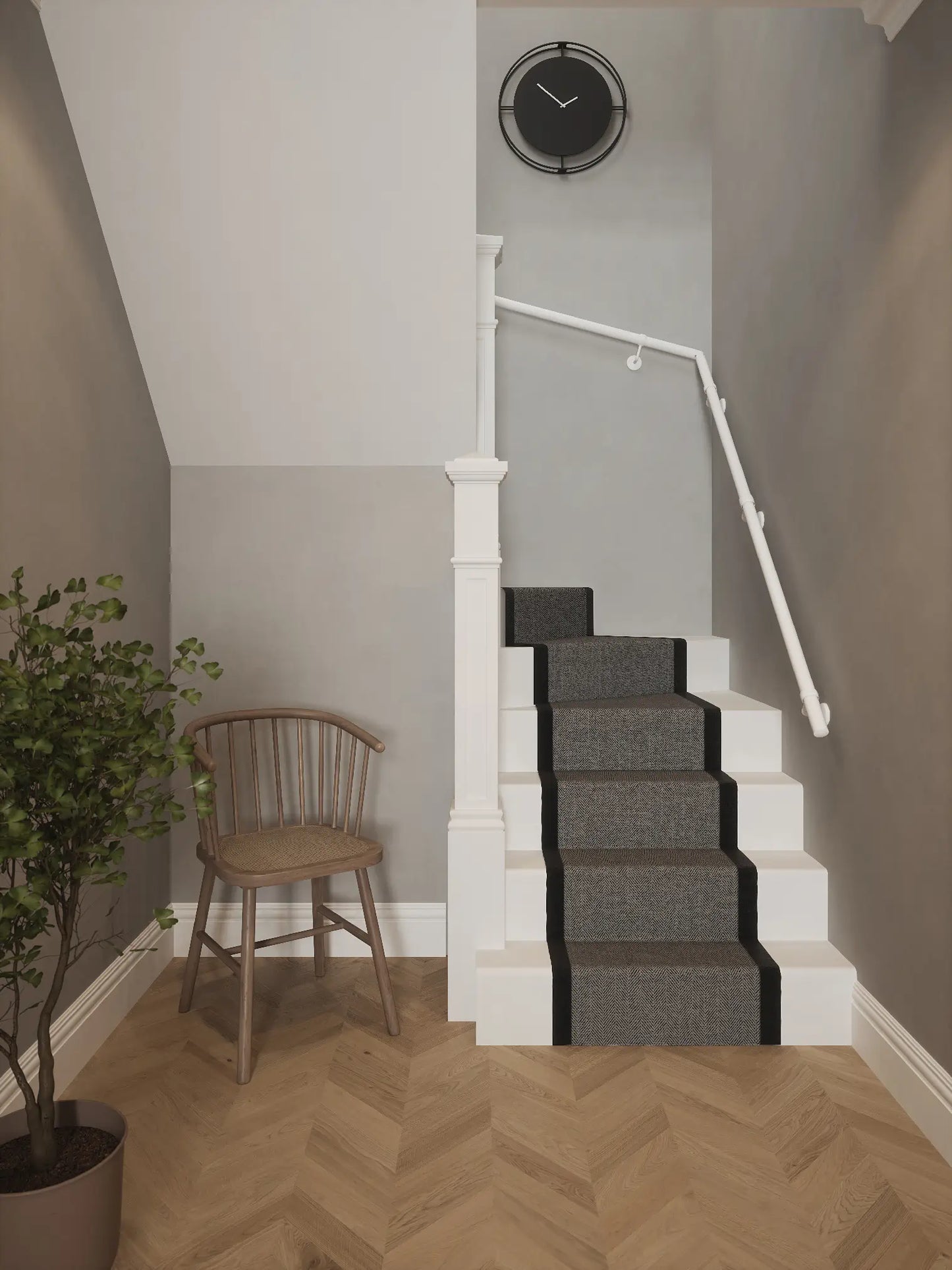 Matt white 40mm double winder handrail installed on staircase wall, front view