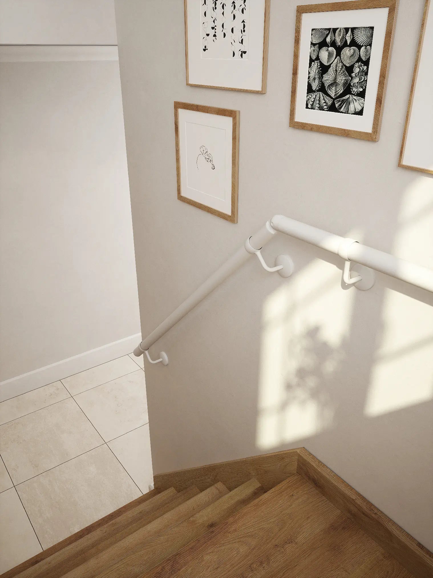 Matt white 40mm half turn handrail, close-up wall-mounted detail
