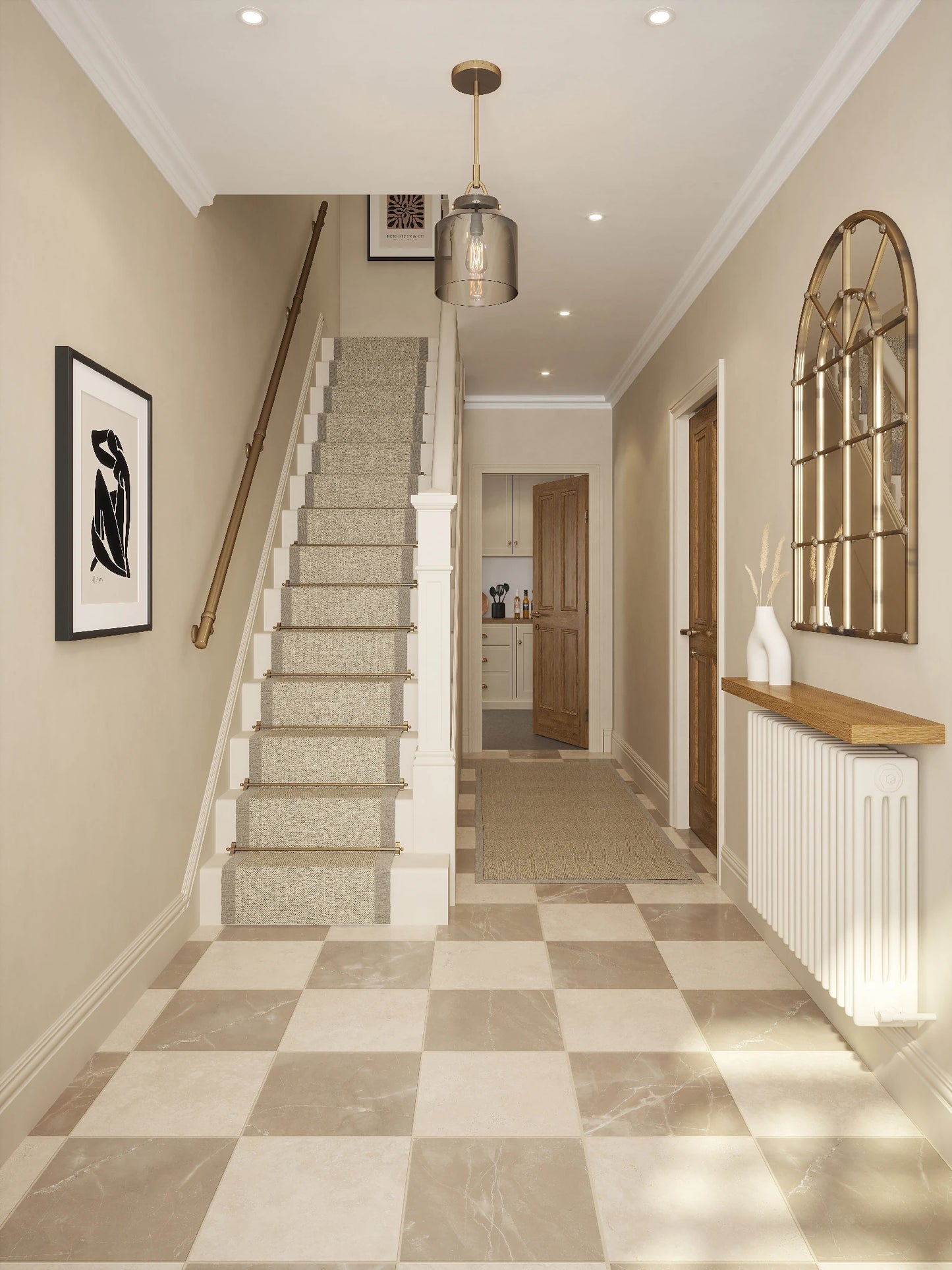 Antique brass 3.6m straight run handrail installed along hallway staircase wall