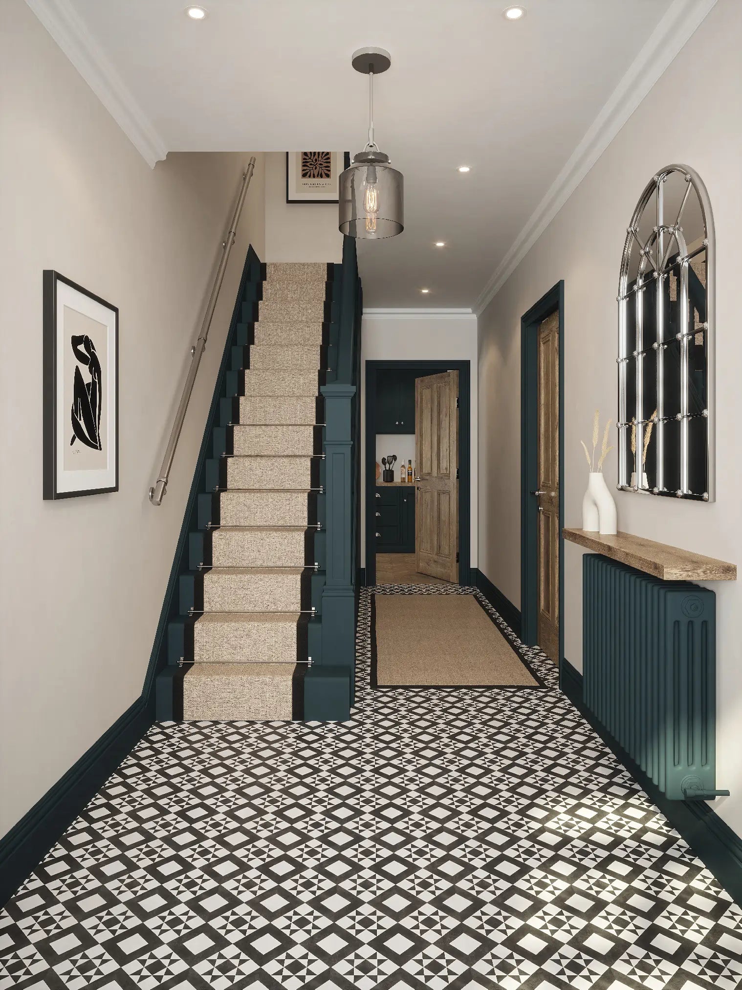 Brushed silver 3.6m straight run handrail system installed along hallway staircase wall