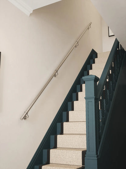 Brushed silver 3.6m straight run handrail kit installed on staircase wall