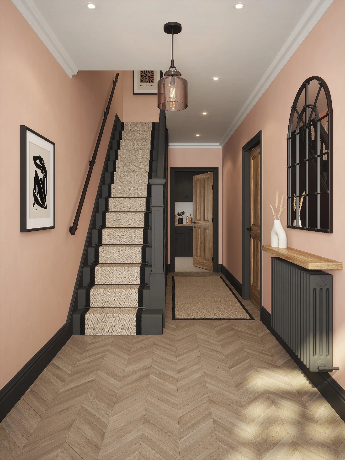 Matt black 3.6M straight run handrail installed along hallway staircase wall