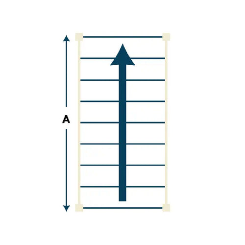 Diagram of a straight flight of stairs showing a single upward arrow along the center to indicate the direction of ascent. The sides of the stair flight are bordered by parallel lines representing handrails, and the vertical measurement labeled ‘A’ indicates the total length or rise of the stair flight.