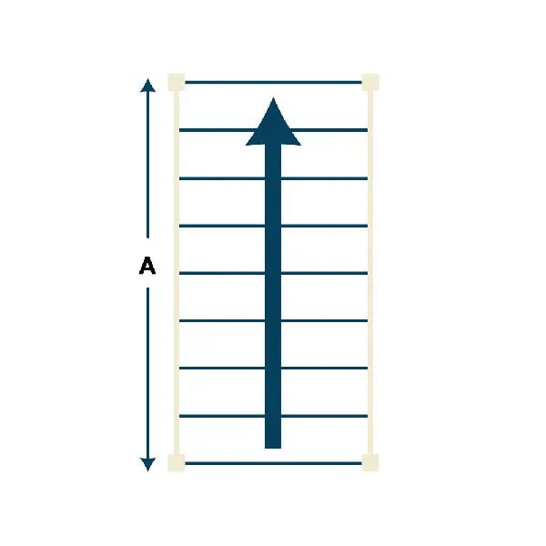Diagram of a straight flight of stairs showing a single upward arrow along the center to indicate the direction of ascent. The sides of the stair flight are bordered by parallel lines representing handrails, and the vertical measurement labeled ‘A’ indicates the total length or rise of the stair flight.