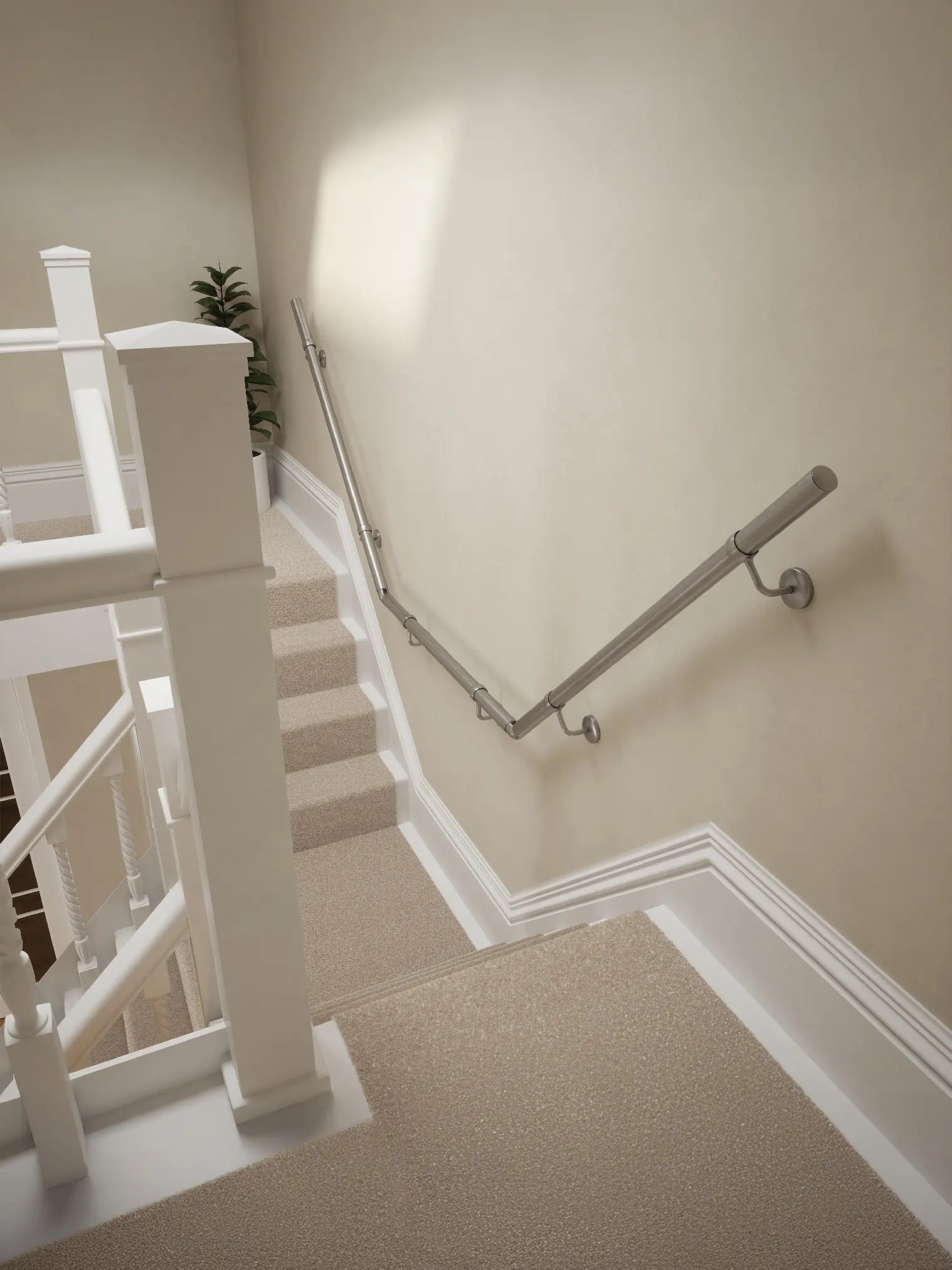 Harbury Brushed Silver wall-mounted handrail on a T-shape staircase, top-down view – Handrails Direct UK supplier of modular indoor handrails and fittings