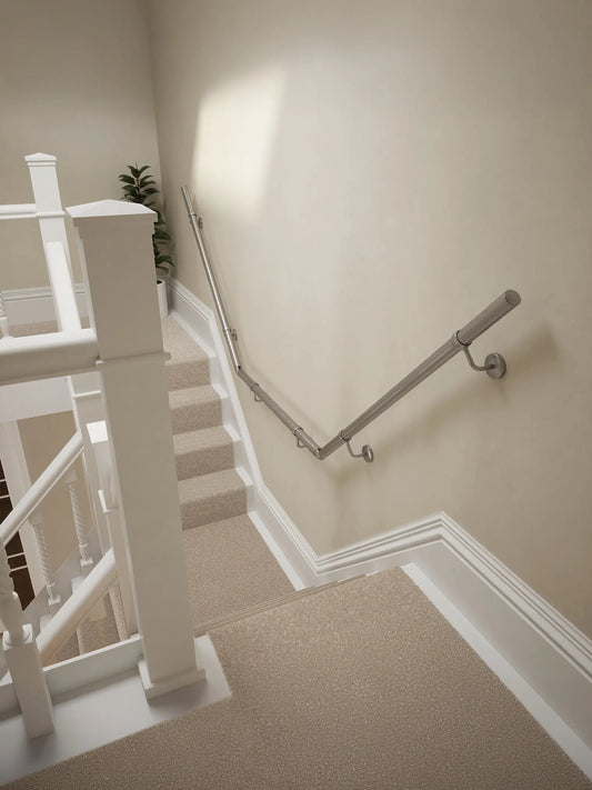 Harbury Brushed Silver wall-mounted handrail on a T-shape staircase, top-down view – Handrails Direct UK supplier of modular indoor handrails and fittings