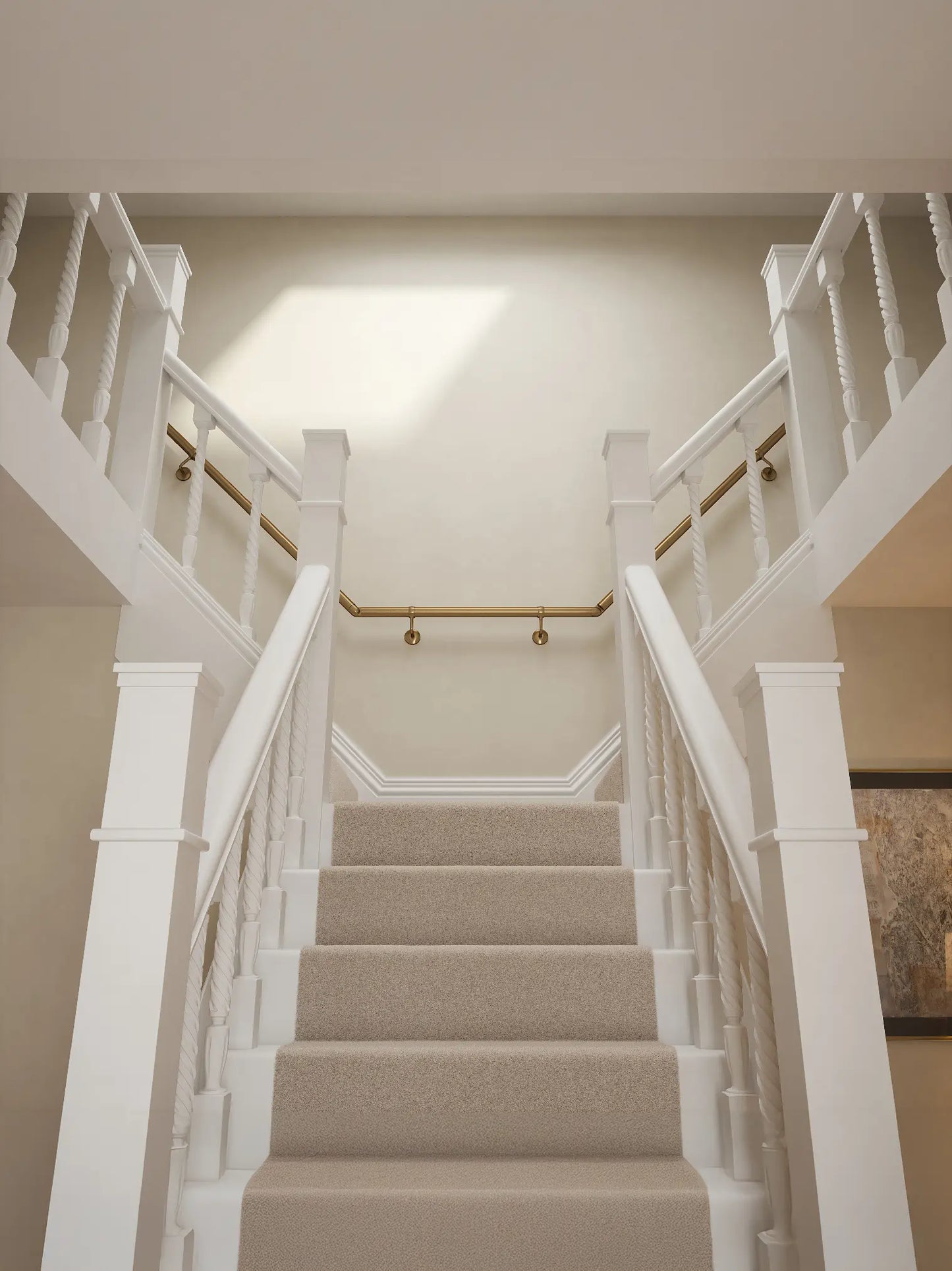 Antique Brass wall-mounted handrail fitted on a T-shape staircase, front view – Handrails Direct UK supplier of modular indoor handrails and fittings