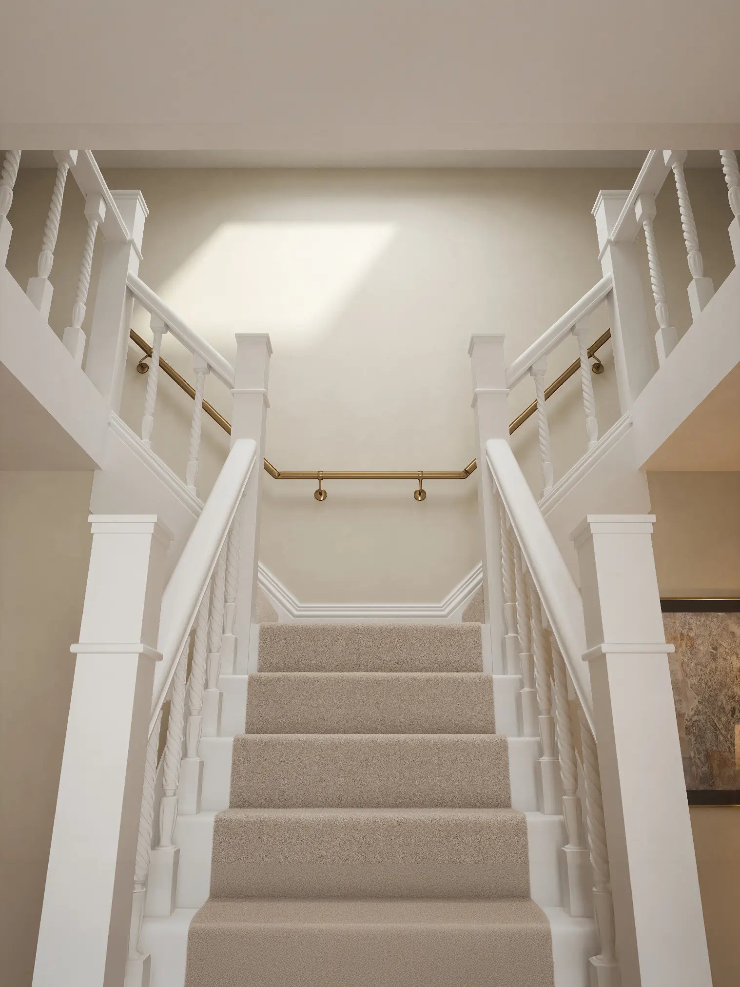 Antique Brass wall-mounted handrail fitted on a T-shape staircase, front view – Handrails Direct UK supplier of modular indoor handrails and fittings